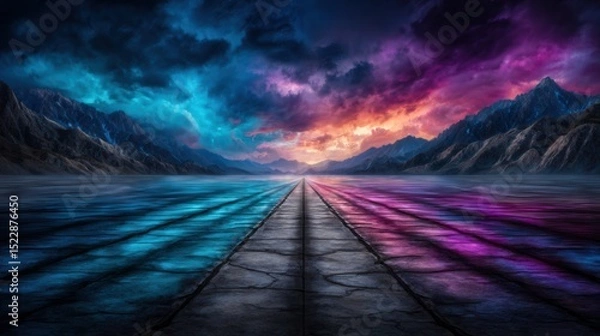 Obraz Majestic pathway stretches through vibrant, colorful mountains under dramatic clouds