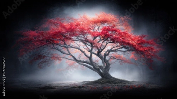 Obraz Majestic red autumn tree in a misty forest