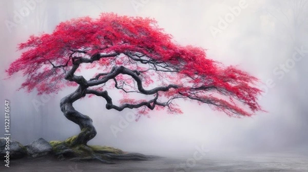 Obraz Majestic red maple tree in a misty landscape