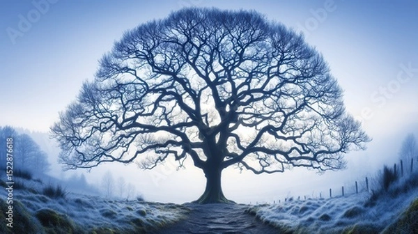 Obraz Majestic oak tree in a frosty landscape