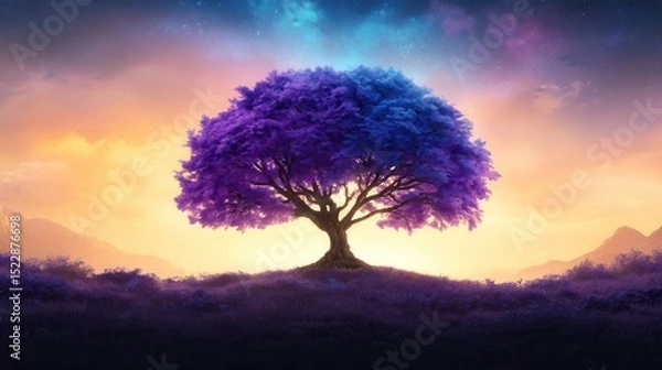 Obraz Majestic purple tree atop a hill, vibrant sunset