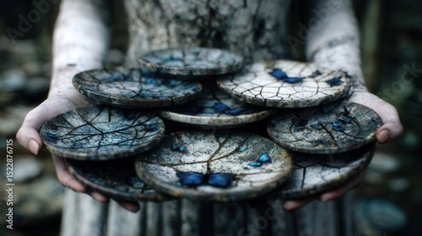 Obraz Hands holding a stack of intricately carved plates, adorned with blue butterflies, nestled amidst a natural setting