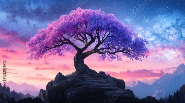 Obraz Majestic blossom tree atop a mountain peak during a vibrant sunset