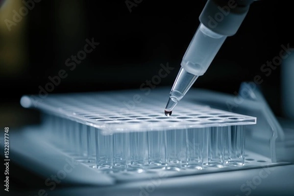 Obraz Life scientists researching in laboratory. Focused female life science professional pipetting solution into the glass cuvette. Healthcare and biotechnology concept.


