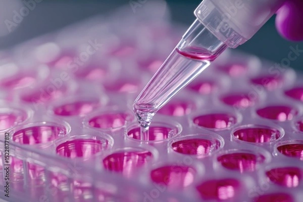 Obraz Life scientists researching in laboratory. Focused female life science professional pipetting solution into the glass cuvette. Healthcare and biotechnology concept.

