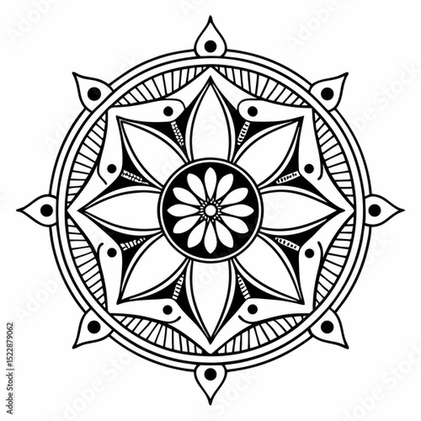 Fototapeta Mandala Pattern: A symmetrical mandala pattern, intricately detailed in black and white, showcasing the balance, harmony and spiritual depth.