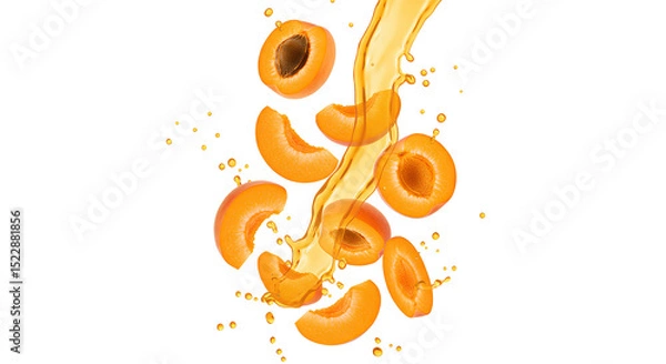 Fototapeta apricot slices falling down with apricot juice PNG. Fresh and organic apricot juice with apricot fruit slices flying isolated. Vegan vegetarian apricots flying png. apricots isolated