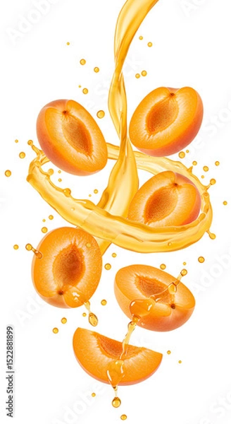 Fototapeta apricot slices falling down with apricot juice PNG. Fresh and organic apricot juice with apricot fruit slices flying isolated. Vegan vegetarian apricots flying png. apricots isolated