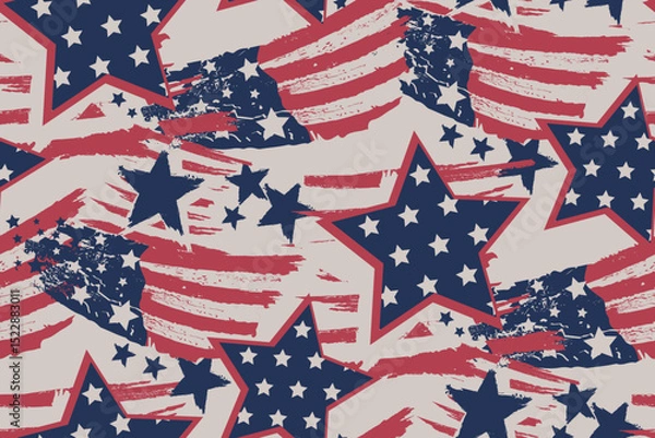 Obraz Seamless patriotic pattern with abstract stars and American flag textures in red, white, and blue. Grunge brush strokes on orange background. Bold USA-themed design for prints or textiles.