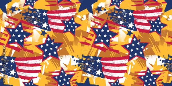 Obraz Seamless patriotic pattern with abstract stars and American flag textures in red, white, and blue. Grunge brush strokes on orange background. Bold USA-themed design for prints or textiles.