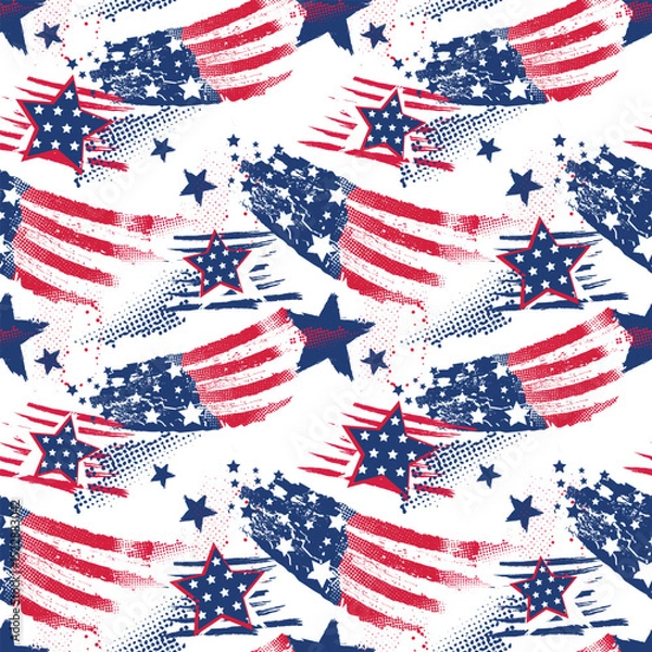 Obraz Seamless patriotic pattern with abstract stars and American flag textures in red, white, and blue. Grunge brush strokes on orange background. Bold USA-themed design for prints or textiles.