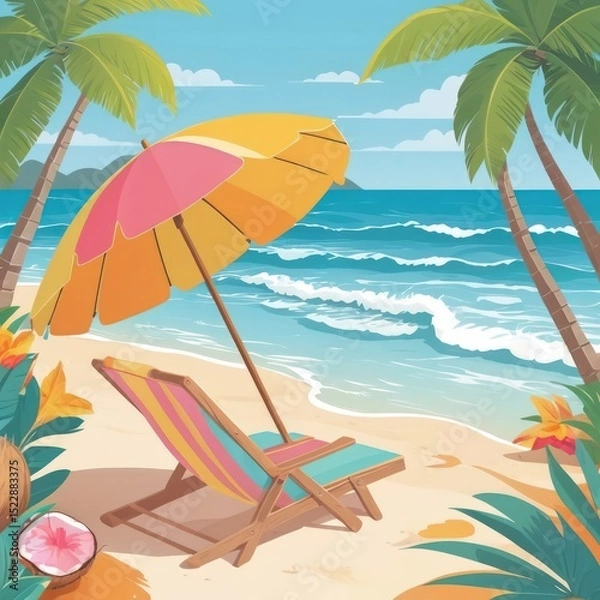 Fototapeta Tropical Beach Illustration with Sunset Sky and Palm Trees in Flat Vector Style