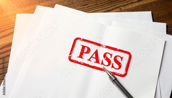 Obraz Stamped PASS on white papers with pen on wooden desk  