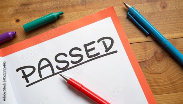 Obraz Text "PASSED" written in a notebook with colorful markers on wood  