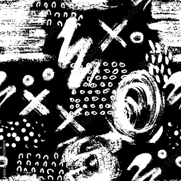 Fototapeta Vector seamless pattern with brush strokes and dots. White color on black background. Hand painted grange texture. Ink geometric elements. Fashion modern style. Unusual. Look like chalk and blackboard