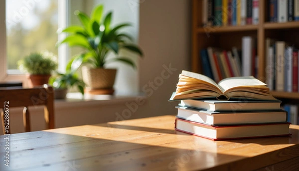 Obraz Open book on stack of books on wooden table near window with plants  