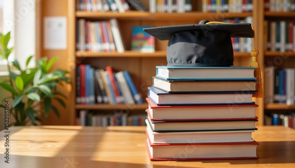 Obraz Graduation cap on stack of books in library setting during daytime  
