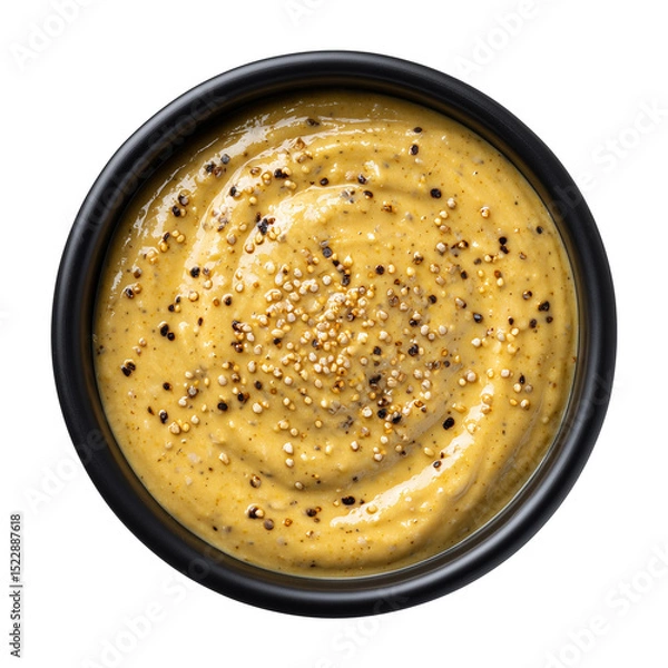 Fototapeta honey mustard sauce with seeds in black bowl top view isolated