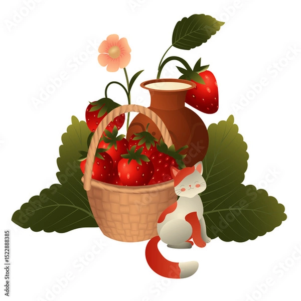 Obraz White cat with red spots, strawberry bush and clay jug with milk. Vector illustration isolated on white background.