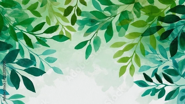 Fototapeta Abstract background frame with watercolor painting of green leaves suitable for card templates