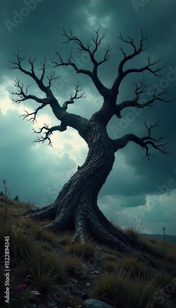 Fototapeta A gnarled, twisted tree reaches towards a stormy sky, its branches like skeletal fingers The dark clouds and ominous light enhance the feeling of malevolence and decay , scary, environment