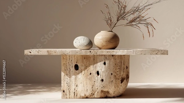 Obraz Minimalist earth tones decorative table with stone and vase elements