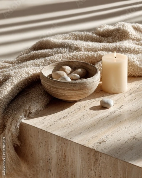 Obraz Cozy minimalist scene with candle and stones on a textured surface