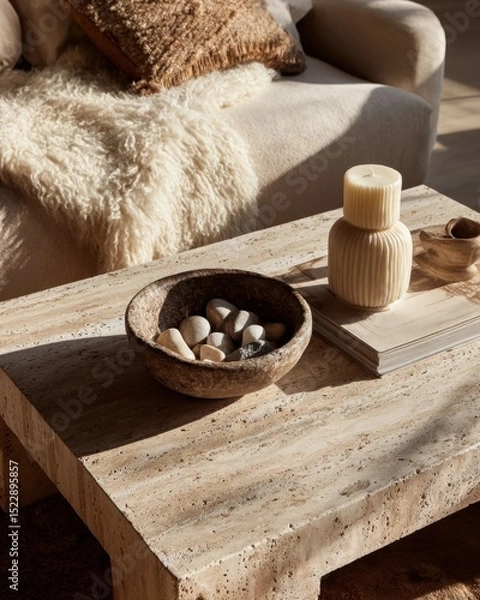 Obraz Cozy home decor with rustic elements and textured accents in a warm living room setting