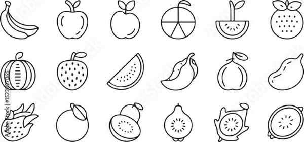 Fototapeta Simple Black Line Art Icons of Various Fruits