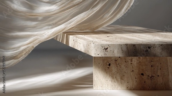 Obraz Elegant marble table and flowing fabric in minimalist sunlit interior design