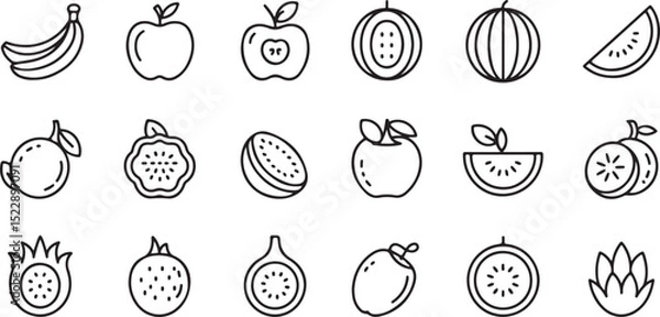 Fototapeta Simple Black Line Art Icons of Various Fruits