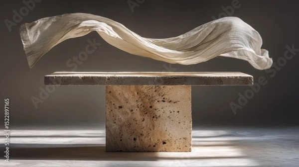 Obraz Elegant fabric floating above natural stone plinth in minimalist design concept