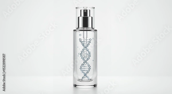 Fototapeta Genetic-based skincare concept, transparent serum bottle with double-helix inside on clean white surface