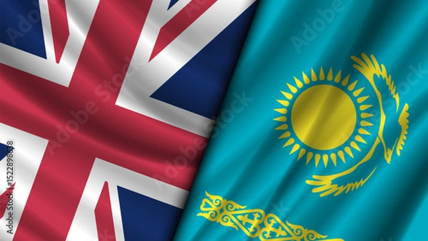 Fototapeta Vector wavy flags of Great Britain and Kazakhstan. Friendly relations between countries. Politico economic banner. Union Jack, sun, patterns and bird.
