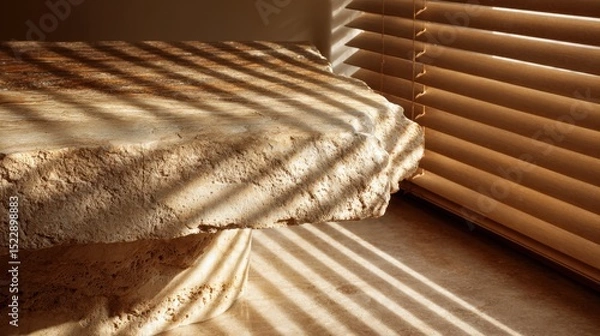 Obraz Natural stone table with sunlit window blinds for interior design inspiration