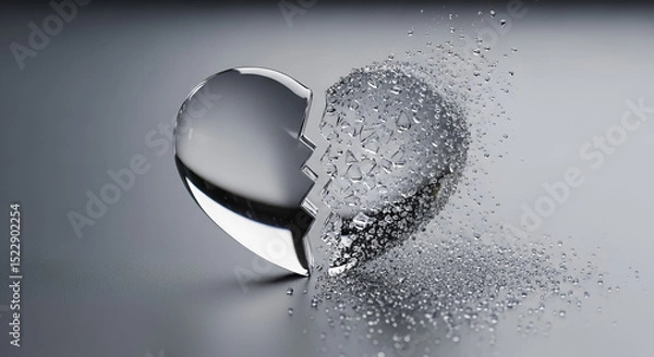 Fototapeta Metaphor of broken trust, glass heart split in half with one side intact and the other crumbling into dust on matte grey surface