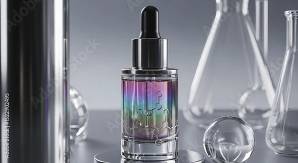 Fototapeta Tailored perfume design, dropper bottle with iridescent liquid and molecular motif on lab-inspired background