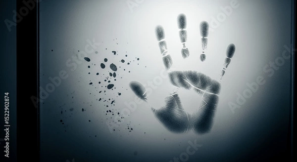 Fototapeta Abstract trust tension, handprint fading from fogged mirror surface surrounded by cold textures and soft desaturated lighting