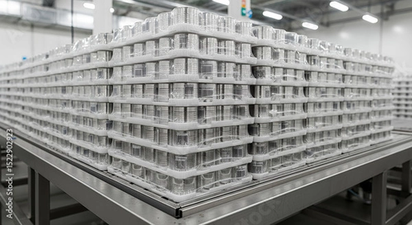 Fototapeta Industrial packaging facility, stack of finished canned goods packed in trays, shrink-wrapped on metal platform in bright space