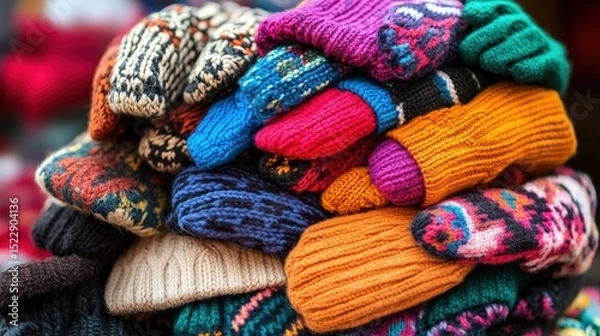 Fototapeta Colorful knitted winter accessories in a vibrant pile.