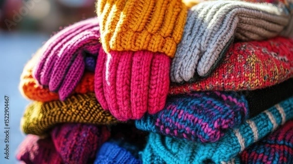 Fototapeta Colorful knitted winter gloves in a pile.