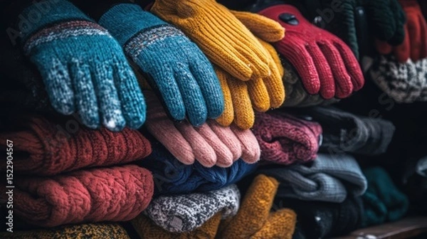 Fototapeta Colorful winter gloves and sweaters displayed on a wooden shelf.