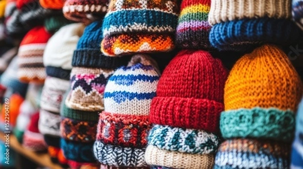 Fototapeta Colorful knitted hats stacked in a display.