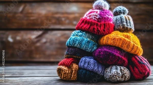Fototapeta Colorful knitted hats stacked in a wooden background.