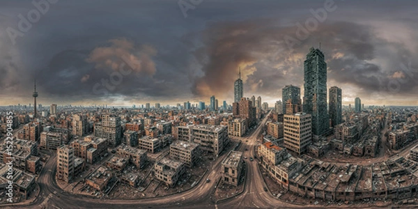Fototapeta destroyed abandoned lost city 360° vr environment equirectangular, generative ai