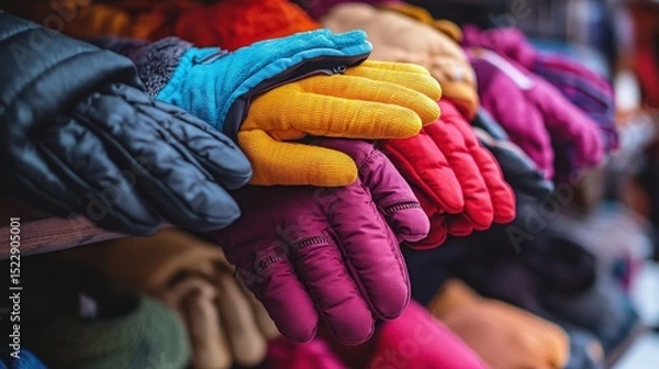 Fototapeta Colorful winter gloves displayed on a wooden shelf.