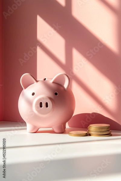 Fototapeta pink piggy bank and some gold coins on white surface with pink background