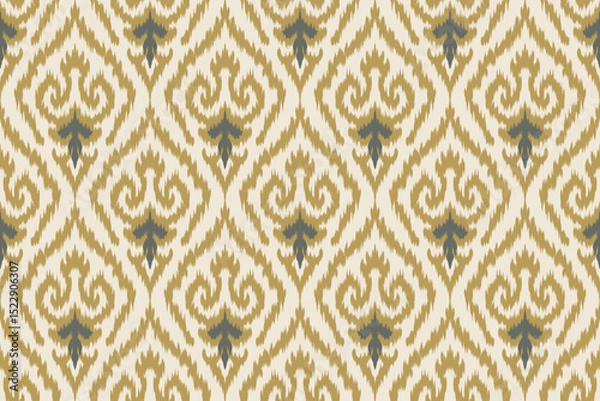 Obraz Seamless ikat pattern with traditional green and gold ethnic motifs on a cream background, ideal for textile design, wallpaper, boho decor, fashion prints, wrapping, and vintage crafts.