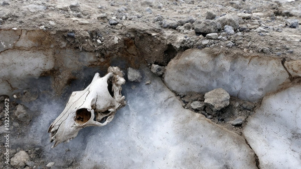 Obraz Melting ice exposing ancient animal remains in permafrost soil. Life in permafrost conditions, climate change problems on the planet. Global warming