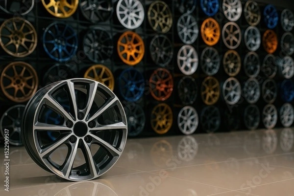 Fototapeta A wheel is displayed in a showroom with many other wheels of different colors. The wheel is black and silver, and it is the only one that is not surrounded by other wheels. The showroom is well-lit